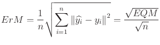 $\displaystyle ErM = \frac{1}{n} \sqrt{\sum_{i = 1}^n\left\Vert \widehat{y_i} - y_i \right\Vert^2} = \frac{\sqrt{EQM}}{\sqrt{n}}$